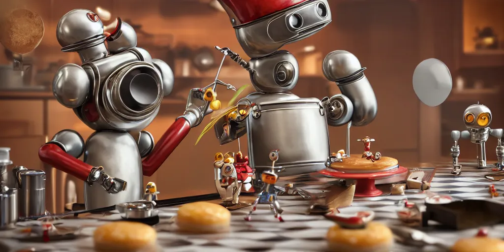 Image similar to closeup portrait of tin toy retro robot chef cooking pastry in a kitchen, depth of field, zeiss lens, detailed, centered, fashion photoshoot, by nicoletta ceccoli, mark ryden, lostfish, breathtaking, 8 k resolution, extremely detailed, beautiful, establishing shot, artistic, hyperrealistic, octane render