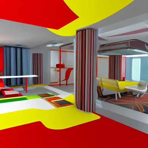 Image similar to 1970's futurist interior living space, furnished by aero aarino, primary colors are white, orange, yellow, and red unreal engine 8k resolution