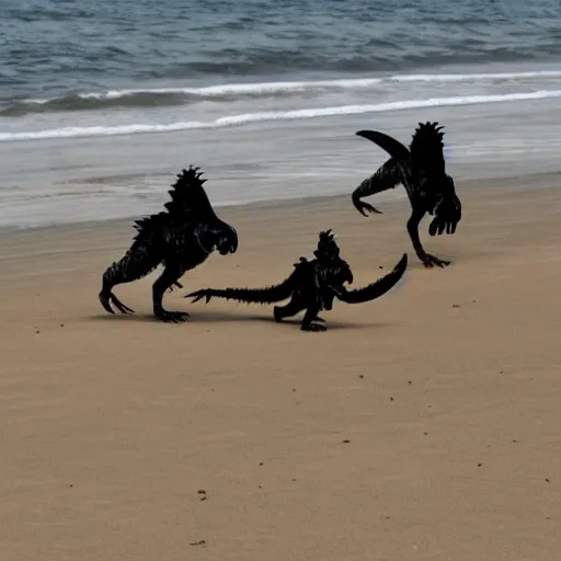 Image similar to velociraptors chasing people on the beach in california