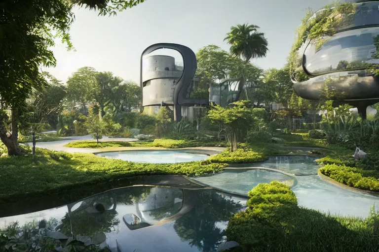 Image similar to serene garden with pool and rounded futuristic housing in the background, hyper realistic, ambient lighting, concept art, intricate, hyper detailed, smooth, dynamic volumetric lighting, octane, raytrace, cinematic, high quality, high resolution, 4 k, cgsociety, rutkowski, gurney