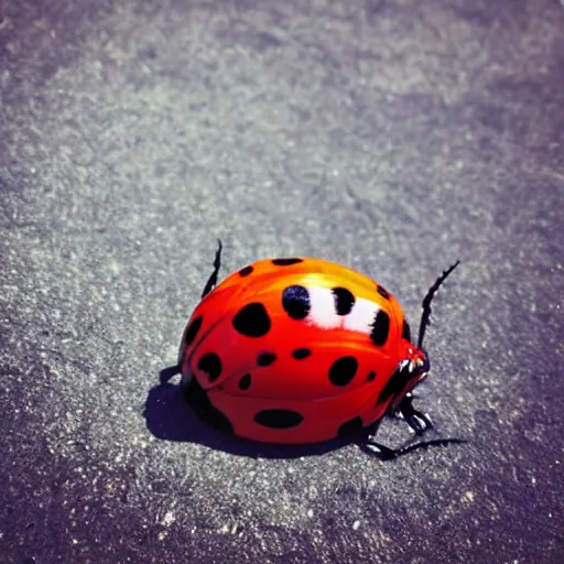 Image similar to godzilla sized ladybug in a city