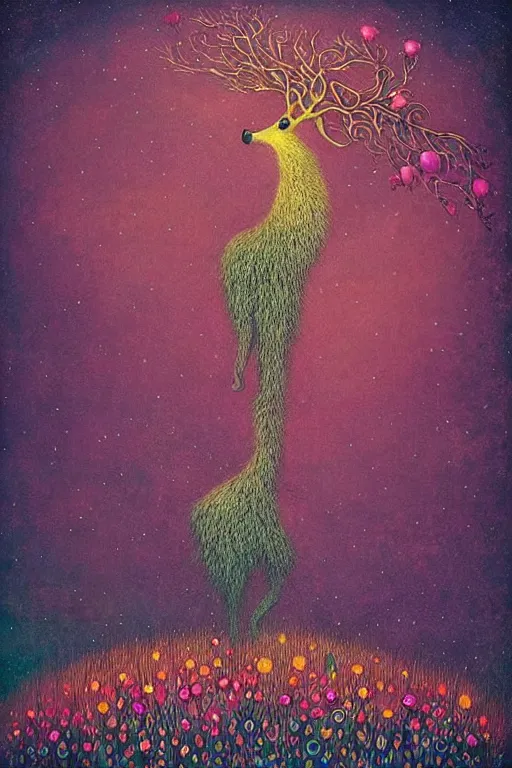 Image similar to surreal hybrid animals, nostalgia for a fairytale, magic realism, flowerpunk, mysterious, vivid colors, by andy kehoe