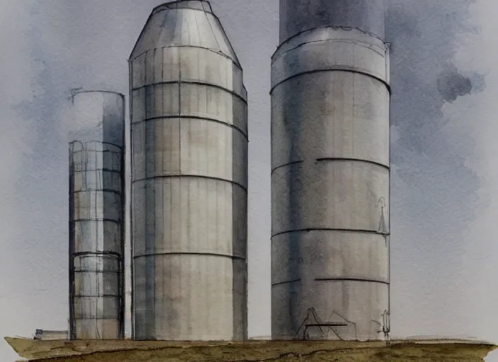 Prompt: concept art of a industrial complex silo, pinterest, artstation trending, behance, watercolor, by coby whitmore, silver, laser light,