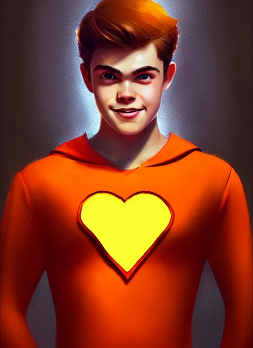 Image similar to friendly teenage archie andrews wearing an orange superhero costume, freckles, superhero costume with heart emblem, cape, intricate, elegant, glowing lights, highly detailed, digital painting, artstation, sharp focus, illustration, art by wlop, mars ravelo and greg rutkowski