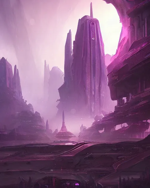 Image similar to an alien city, alien architecture, purple, environment art, fantasy art, landscape art, in the style of greg rutkowski, illustration, epic, fantasy, intricate, hyper detailed, artstation, concept art, smooth, sharp focus, ray tracing