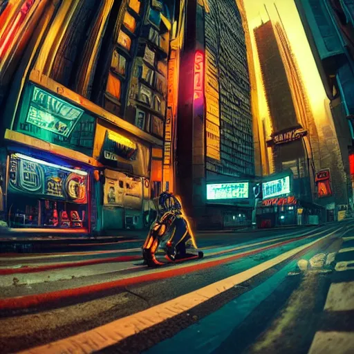 Prompt: 2 6 th century!!!!! cyberpunk!!!!! town street, cinematic photography, vibrant, fisheye!!!!! lens, ( ( ( ( ( worm's - eye view ) ) ) ) ), illustrated by max hay, artstation, cgsociety contest winner, dramatic lighting, vignette