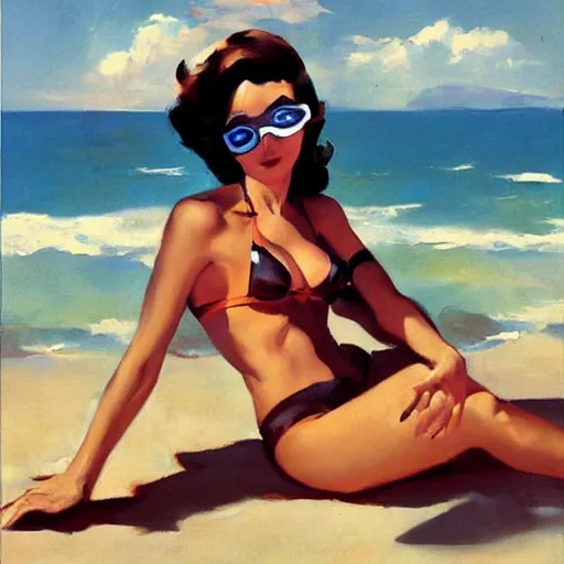 Image similar to greg manchess pinup painting of overwatch's tracer in a bikini, in a futuristic beach, 1 9 5 6