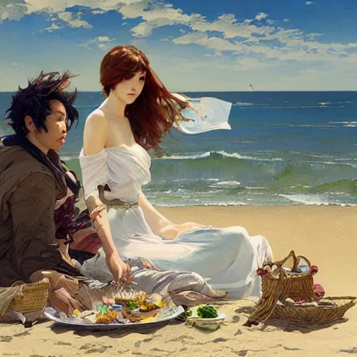 Prompt: a picnic on the beach by by tsuyoshi nagano, greg rutkowski, artgerm, alphonse mucha