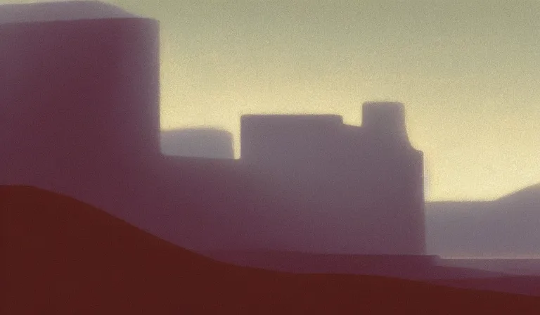 Prompt: A serene landscape with a singular building in the style of John Harris.