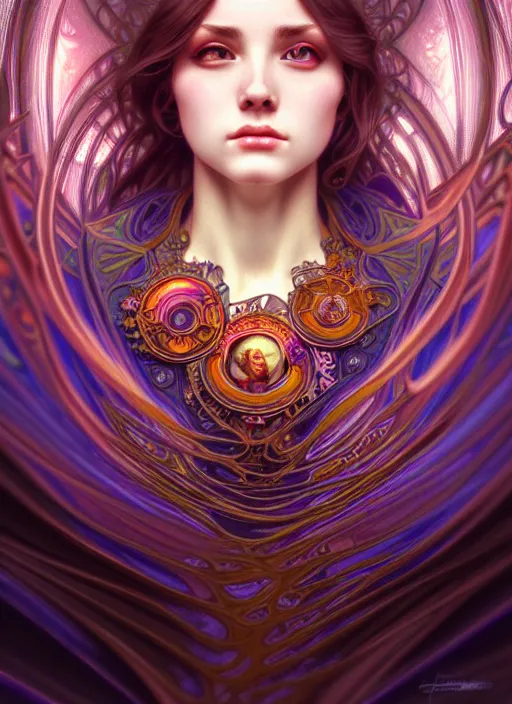 Image similar to overlord, psychedelic, portrait, highly detailed, deep focus, elegant, digital painting, smooth, sharp focus, illustration, ultra realistic, 8 k, art by artgerm and alphonse mucha