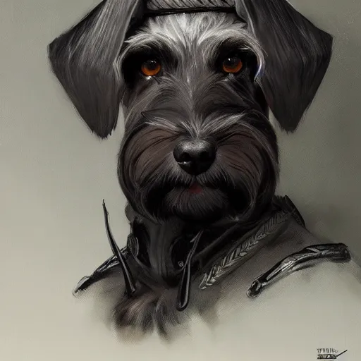 Image similar to portrait of stoic looking miniature schnauzer, military uniform, black fir, white eyebrows, fantasy, intricate, elegant, highly detailed, centered, dark, smokey, digital painting, artstation, concept art, smooth, sharp focus, illustration, art by artgerm and greg rutkowski and alphonse mucha