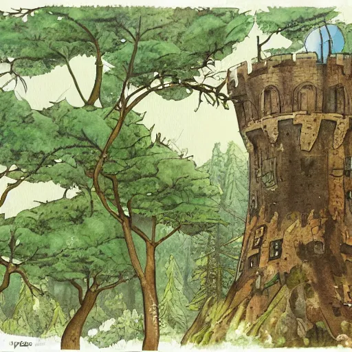 Image similar to laputa castle in the sky robot hayao miyazaki stands in a small clearing among trees, watercolor illustration for a book