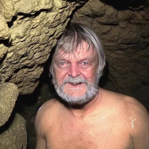Image similar to photo inside a cavern of a wet reptilian humanoid robert wyatt partially hidden behind a rock, with black eyes, open mouth and big teeth