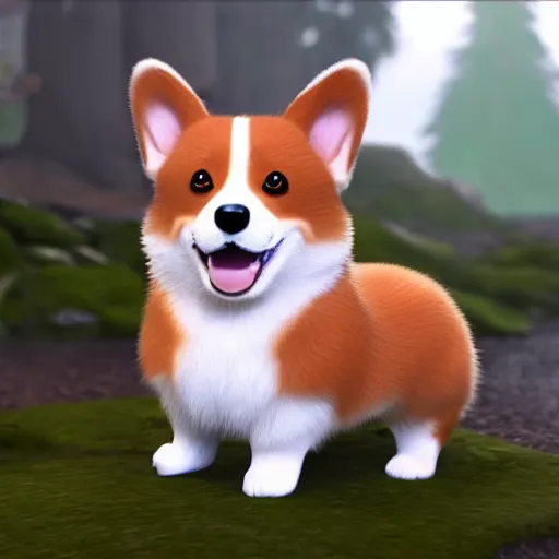 Prompt: a cute and happy corgi puppy in a beautiful scenic forest, realistic concept art, unreal engine, trending on artstation