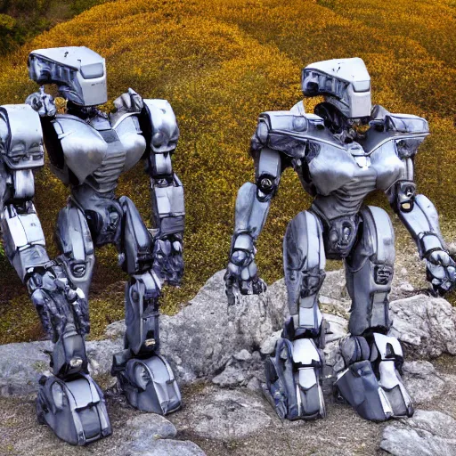 Prompt: pacific rim robots made out of stone in an ancient valley at golden hour-H 640