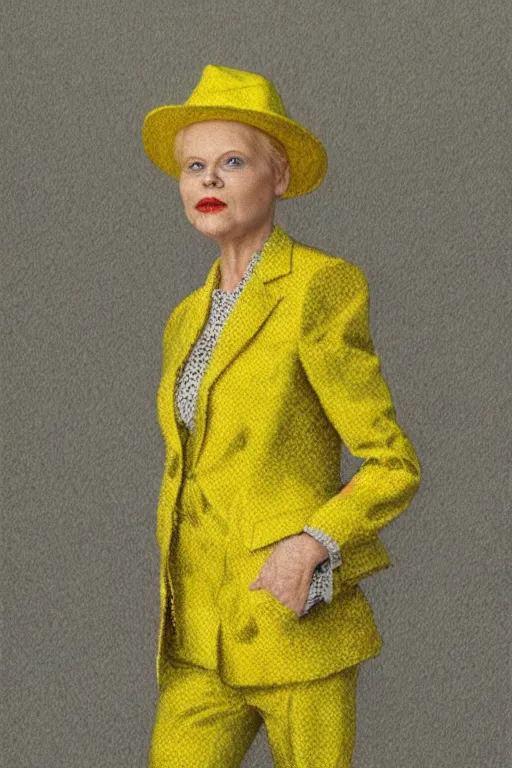 Prompt: a scene filled with yellow fog and with a character wearing a super colorful muted color diy! suit, with a lot of pockets and details, vivienne westwood!, detailed photoreal render octane render, oil on canvas, pointillism
