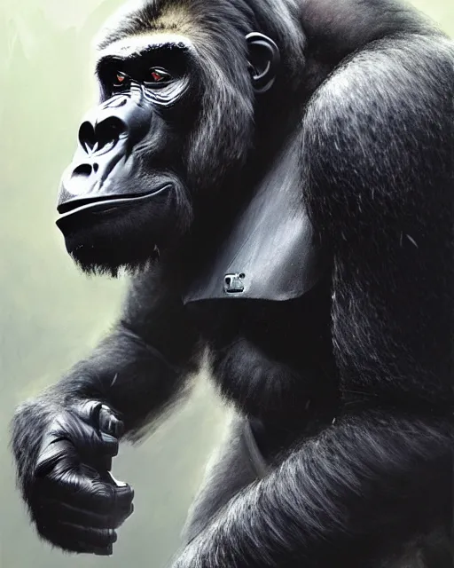 Image similar to winston the gorilla in his armor from overwatch, character portrait, portrait, close up, concept art, intricate details, highly detailed by greg rutkowski, michael whelan and gustave dore