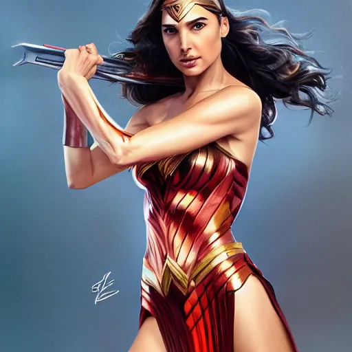 Image similar to gal gadot in the style of stefan kostic, realistic, full body, sharp focus, 8 k high definition, insanely detailed, intricate, elegant, art by stanley lau and artgerm