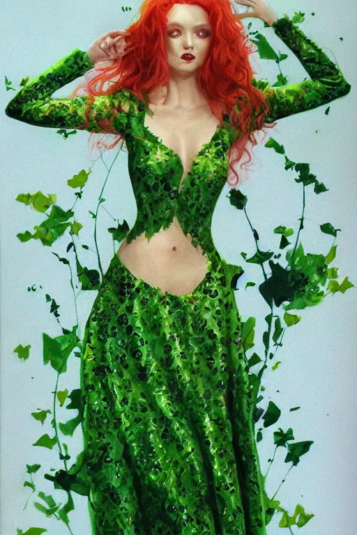 Image similar to full body portrait of lily cole as poison ivy, wearing a green dress and floral growths, epic details by alex ross