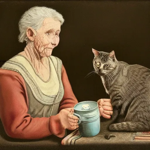 Prompt: an old woman swallowing a whole cat