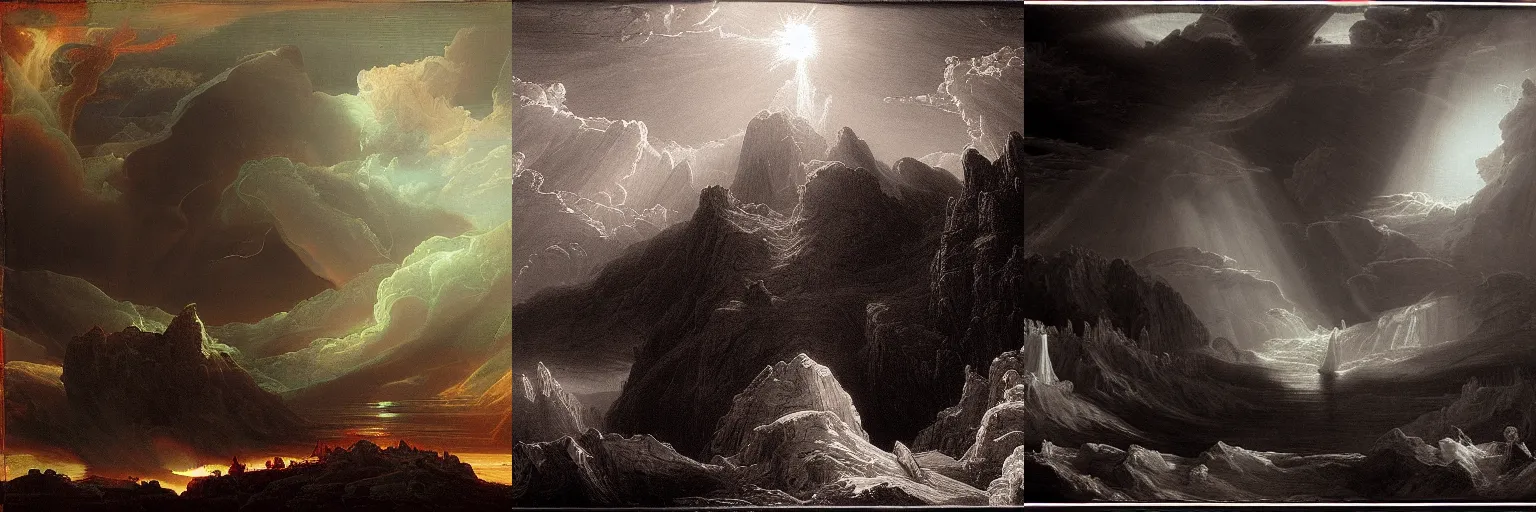 Prompt: of god bleeding pooring blood from the sky in the style of Ansel Adams, Thomas Cole and Gustave dore