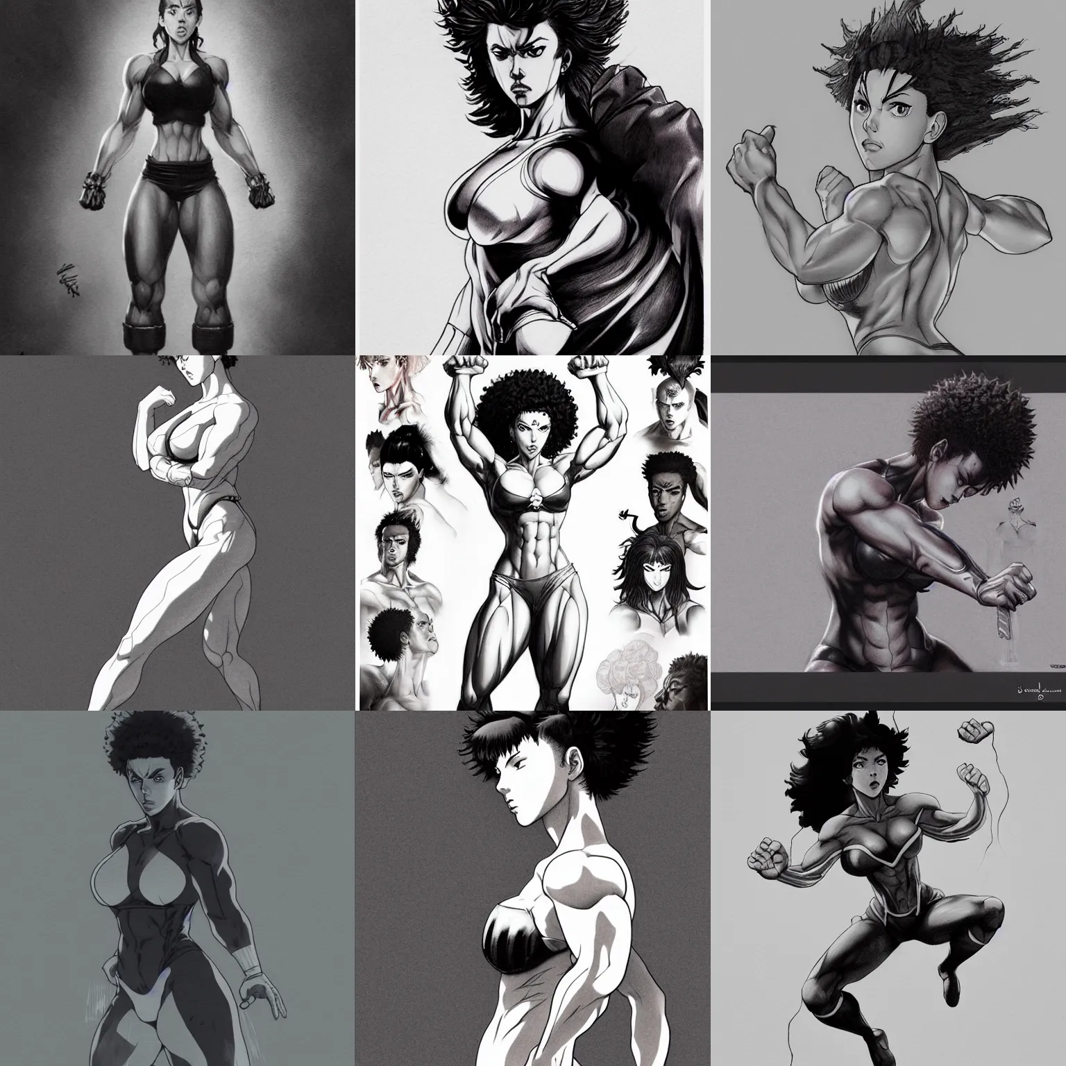 Prompt: most strongest pose, scarlett johansson as baki with perfect symmetrical anatomical proportions, chun li, afro samurai animes style, by greg rutkowski, pencil and ink, dramatic lighting, full body dramatic profile