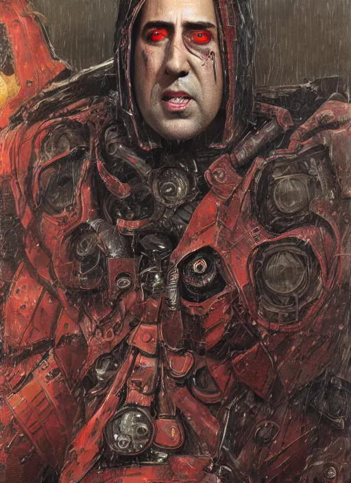 Image similar to portrait of rotten Nicolas Cage as adeptus mechanicus in red hood and robe from Warhammer 40000. Highly detailed, artstation, illustration by and John Blanche and zdislav beksinski and wayne barlowe and Gustav Klimt