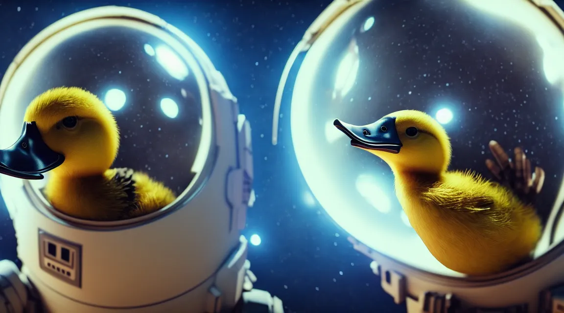 Image similar to epic portrait of an astronaut duckling, awesome gorgeous symmetrical perfect octane vfx maya render realistic