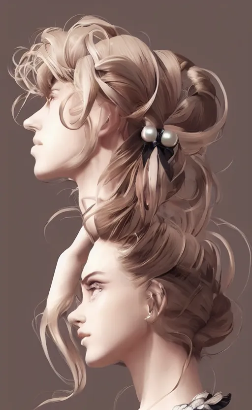 Image similar to beautiful hairstyle with a few pearls, tied with a white bow, pinterest hair picture, back of the hair, hair is the focus, In style of Yoji Shinkawa, krenz cushart, Greg Rutkowski, highly detailed