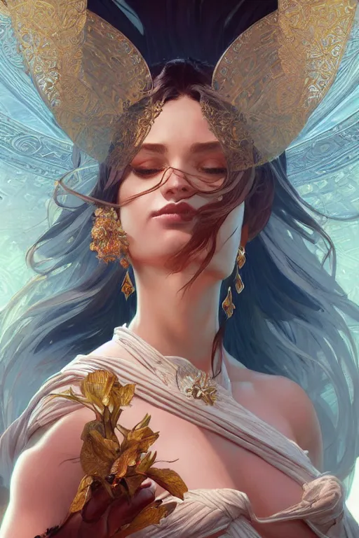 Image similar to can we have a goddess who isn't Caucasian ffs, highly detailed, digital painting, artstation, concept art, smooth, sharp focus, illustration, Unreal Engine 5, 8K, art by Ross Tran and greg rutkowski and alphonse Mucha