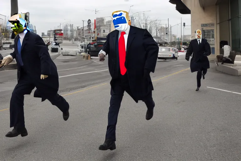 Prompt: bank robbers running out of white bank wearing trump masks by Emmanuel Lubezki