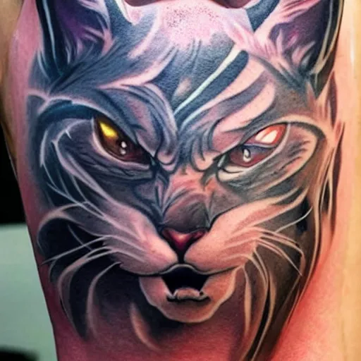 Image similar to a tatoo of rengar from league of legends,