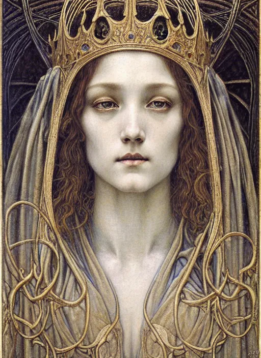 Image similar to detailed realistic beautiful young medieval queen face portrait by jean delville, gustave dore and marco mazzoni, art nouveau, symbolist, visionary, gothic, pre - raphaelite. horizontal symmetry