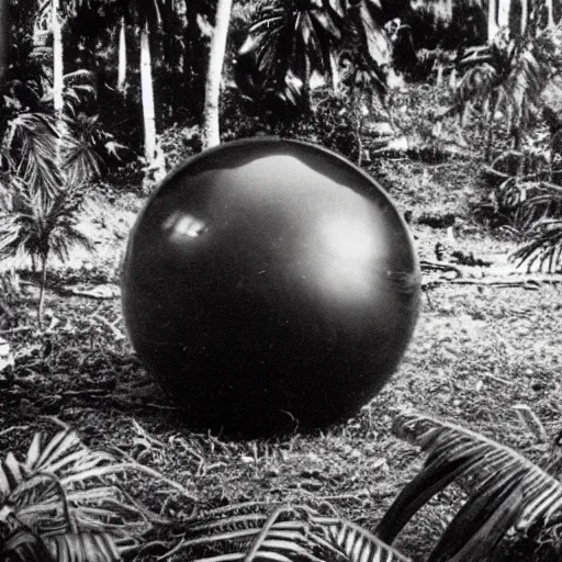 Image similar to a rizom lost film footage of a sphere ethnographic object in the middle of the tropical jungle / object / abstract / modernism / film still / cinematic / enhanced / 1 9 2 0 s / black and white / grain