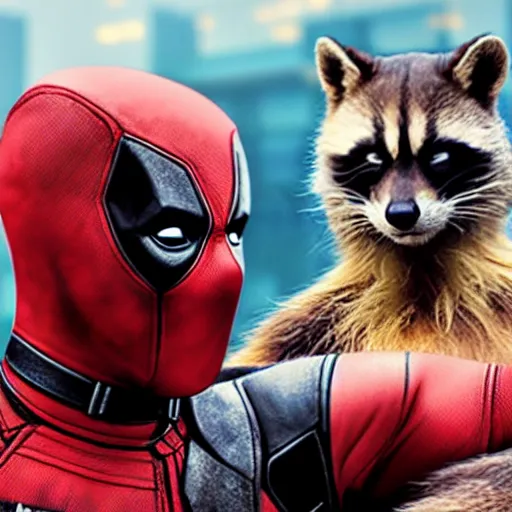 Image similar to deadpool and rocket raccoon together 4 k detailed super realistic