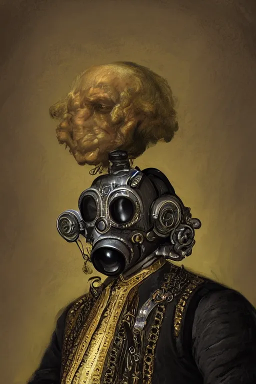 Prompt: portrait, headshot, digital painting, of a 17th century, regal, old, middle eastern, decadent, cyborg nobleman, dark hair, gasmask, amber jewels, baroque, ornate dark green opulent clothing, scifi, futuristic, realistic, hyperdetailed, concept art, chiaroscuro, Frans Hals style