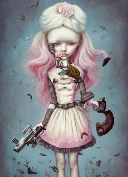 Image similar to pop surrealism, lowbrow art, realistic cute alice girl painting, holding a gun, hyper realism, muted colours, rococo, natalie shau, loreta lux, tom bagshaw, mark ryden, trevor brown style,