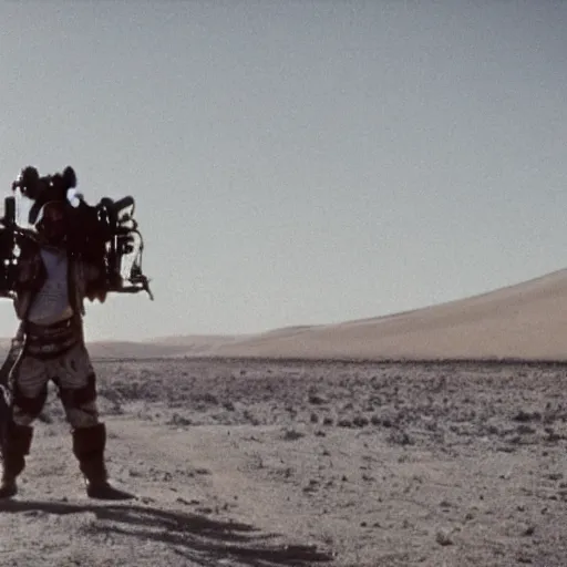 Prompt: a man wearing oxygen mask, heavily equipped, air tubes, straps, Mad Max inspired, in the desert, film still, arriflex 35