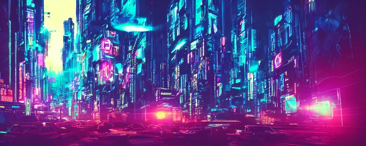 Image similar to cyberpunk, city, neon lights, glow, retrowave style, sunset,