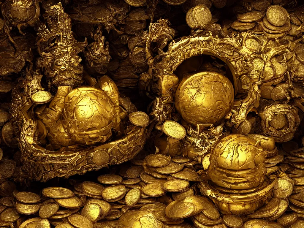 Prompt: the goblin treasure emperor by Peter mohrbacker, hyper realistic, octane render, Gold stardust in atmosphere, Black and gold coins, realistic crown, high quality printing, fine art with subtle redshift rendering