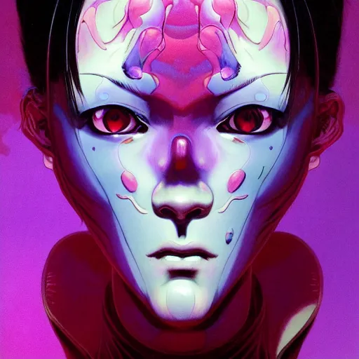 Image similar to prompt : purple demon portrait soft light painted by james jean and katsuhiro otomo and erik jones, inspired by evangeleon anime, smooth face feature, intricate oil painting, high detail illustration, sharp high detail, manga and anime 1 9 9 9