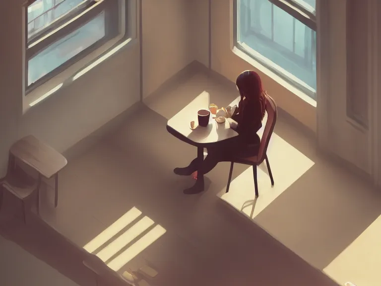 Prompt: a lonely girl drinking coffee in an empty cafe, high angle, right side composition, rule of thirds, digital painting, warm color scheme, dynamic lighting, octane, by sharandula and alice zhang, trending on artstation