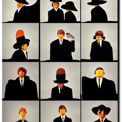 Image similar to rain of Beatles Member, in the style of Magritte, lots of music details