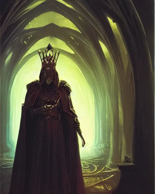 Image similar to A dark mage. He is wearing mage armor and a crown. He is frowning seriously. He is preparing to cast a dark spell. He is standing in a wizards room. Award winning oil painting by Thomas Cole and Wayne Barlowe. Highly detailed