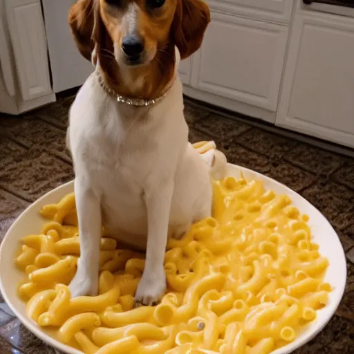 Prompt: mac and cheese serene gown dog