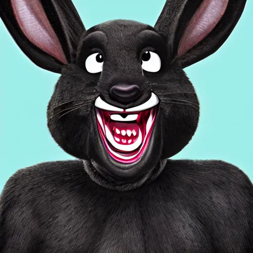 Image similar to A extremely highly detailed majestic hi-res beautiful, highly detailed head and shoulders portrait of a scary terrifying, horrifying, creepy maniacal crazy black cartoon rabbit with scary big eyes, earing a shirt laughing maniacally , let's be friends, in the style of a Walt Disney cartoon