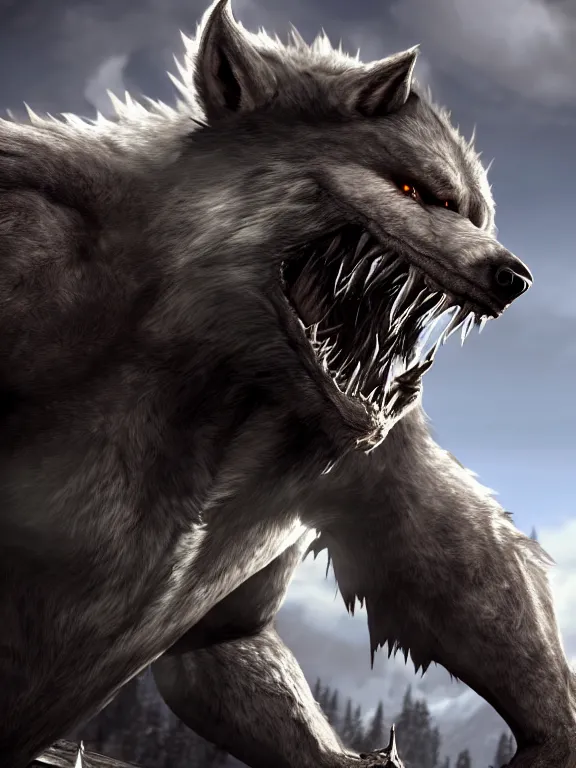 Image similar to cute handsome cuddly burly surly relaxed calm werewolf from van helsing unreal engine hyperreallistic render 8k character concept art masterpiece screenshot from the video game the Elder Scrolls V: Skyrim