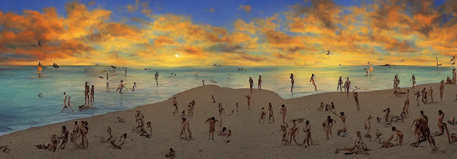 Image similar to People in beach by Salvador Dali and Bob Ross collaboration, mural, sun set, digital art, high details