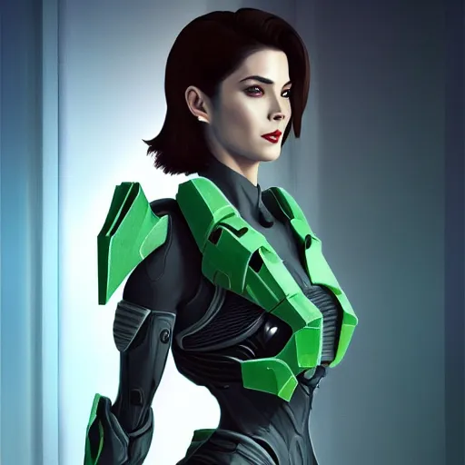 Image similar to A combination of Ada Wong's and Grace Kelly's and Ashley Greene's appearances wearing Arbiter's armor from Halo, high tech, action shot, angular, full body portrait, futuristic, dramatic, fantasy, intricate, elegant, highly detailed, digital painting, artstation, concept art, matte, sharp focus, illustration, 8K, art by Donato Giancola and James Gurney