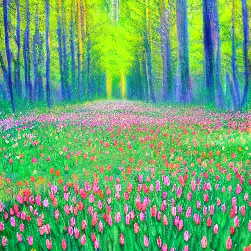 Prompt: Wild tulips in a natural forest in monet style